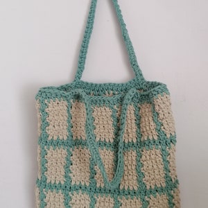 Gehäkelte Schultertasche, Karo-Design, Baumwollkordel, stark, alltägliche Grabtasche, Arbeit, Strandtasche, langer Griff, handgefertigt, Shopper, quadratische Form