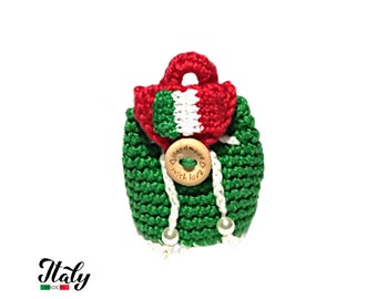 Red Green and White crochet backpack keychain in cotton 2.1x2.5 inc (5.5x6.5 cm) - Made in Italy