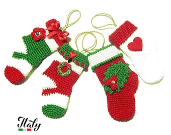 Christmas crochet mini socks in cotton 2.3x4.7 inc (6x12 cm) for tree decorations - Made in Italy