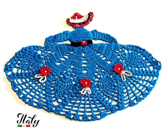 Blue and Red crochet crinoline lady doily 11.4x8.6 inc (29x22 cm) for Home Decor - Made in Italy