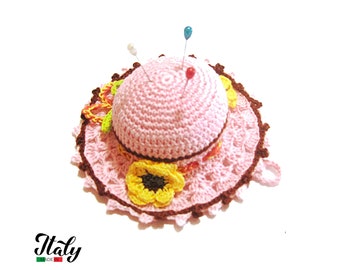 Pink and Brown crochet hat pincushion in cotton 4.3 inc (11 cm) for Sewing Lovers - Made in Italy