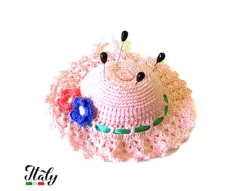 Bonnet rose au crochet en coton 4.7 inc (12 cm) pour les amoureux de la couture - Fabriqué en Italie