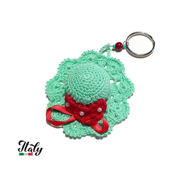 Teal and Red crochet hat keychain in cotton with beads 3.3 inc (8.5 cm) - Made in Italy