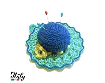 Teal and Electric Blue crochet hat pincushion in cotton 4.5 inc (11.5 cm) for Sewing Lovers - Made in Italy