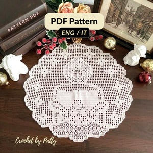 Modèle PDF de napperon de Noël au crochet filet, avec grille et instructions écrites, à télécharger, pour centre de table (77NTFLT)