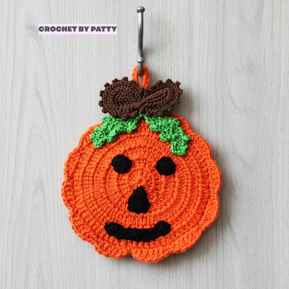 READY TO SHIP Orange crochet pumpkin potholder 4.5x5.5 inc (11.5x14 cm) - Halloween Decor (9HL)