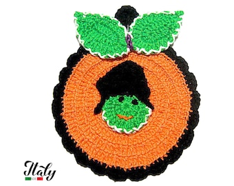 Presina zucca arancione e verde all'uncinetto per Halloween 11.5x14 cm