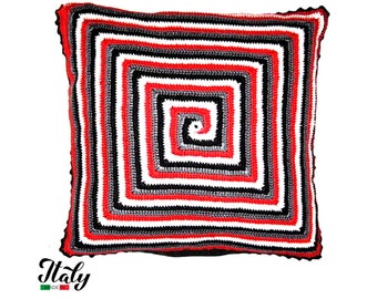 Black, Red and Grey crochet spiral pillow in cotton 16x16 inc (40x40 cm) for Home Decor - ONLY COVER - Made in Italy