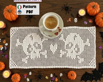 Patrón de tapete de ganchillo con calaveras para Halloween – Diagrama de filet (PDF de descarga instantánea) 1HL
