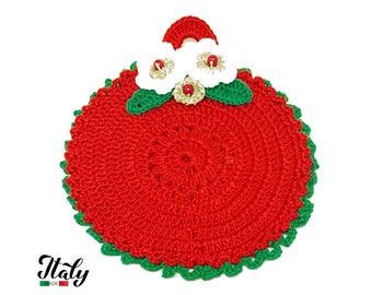 Agarrador de ganchillo de algodón rojo navideño de 14 cm para la decoración de la cocina - Made in Italy