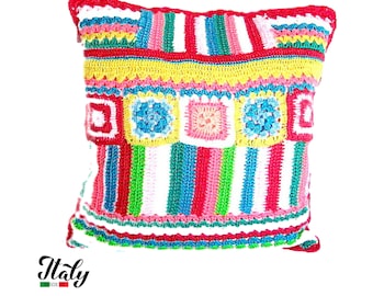 Colored crochet pillow in cotton 16x16 inc (40x40 cm) for Home Decor - ONLY COVER - Made in Italy