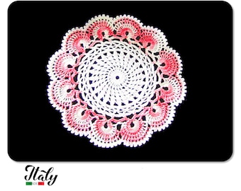 Small Pink and White crochet doily in cotton 8.6 inc (22 cm) for Home Decor - Made in Italy