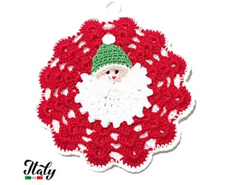 Christmas Red crochet potholder with Santa Claus in cotton 5.1 inc (13 cm) for Kichen Decor - Made in Italy