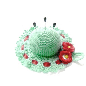 Aquamarine and Red crochet hat pincushion in cotton 4.3 inc (11 cm) for Sewing Lovers - Made in Italy