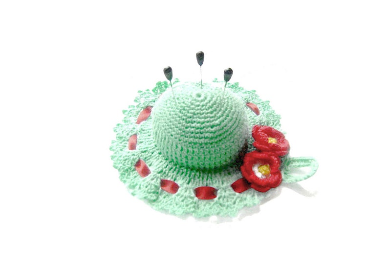 Aquamarine and Red crochet hat pincushion in cotton 4.3 inc (11 cm) for Sewing Lovers - Made in Italy