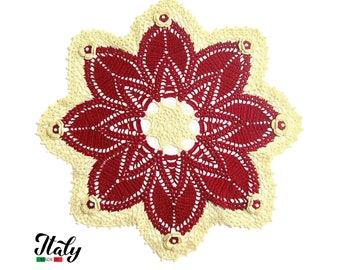 Large Bordeaux and Cream crochet doily with flowers in cotton 17.7 inc (45 cm) for Home Decor -  Made in Italy