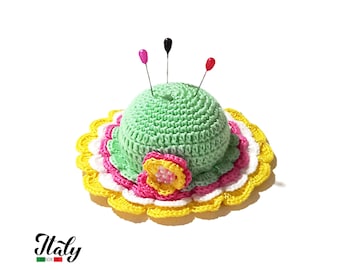 Light Green crochet hat pincushion in cotton 4.3 inc (11 cm) for Sewing Lovers - Made in Italy