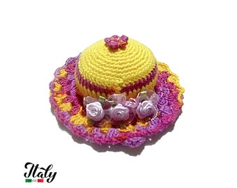 Yellow and Purple crochet hat pincushion in cotton 4.3 inc (11 cm) for Sewing Lovers - Made in Italy
