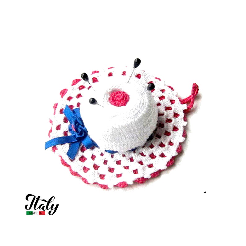 White and Hot Pink crochet hat pincushion in cotton 4.3 inc (11 cm) for Sewing Lovers - Made in Italy