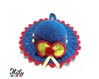 Bonnet au crochet bleu électrique en coton 4.7 inc (12 cm) pour les amoureux de la couture - Fabriqué en Italie