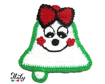 Christmas White crochet bell potholder in cotton 5.9x6.3 inc (15x16 cm) for Kitchen Decor - Made in Italy