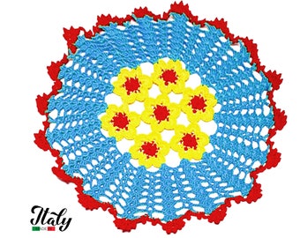 Round Red Yellow and Turquoise crochet doily in cotton 11.8 inc (30 cm) for Home Decor - Made in Italy