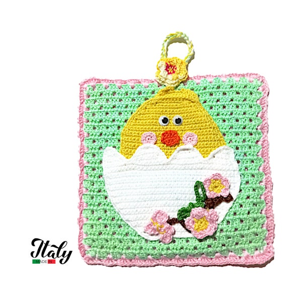 Easter Pink and Green crochet potholder with Yellow chick in cotton 5.9x7.0 inc (15x18 cm) for Kitchen Decor -  Made in Italy