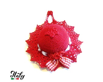 Red crochet hat pincushion in cotton 3.9 inc (10 cm) for Sewing Lovers - Made in Italy