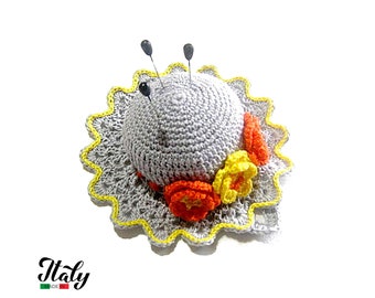 Light Gray crochet pincushion with flowers in cotton 4.5 inc (11.5 cm) for Sewing Lovers - Made in Italy