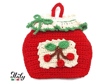 Agarrador en forma de tarro de ganchillo rojo navideño de algodón 4.5x4.3 inc (11.5x11 cm) para decoración de cocina - Made in Italy