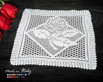 Rectangular White crochet filet doily with rose in cotton 15x12.5 inc (38x32 cm) for Home Decor - CHOICE OF COLORS - Made in Italy
