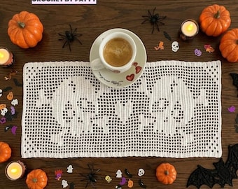 Tapete de ganchillo blanco con calaveras para Halloween – 100% algodón, decoración para el hogar (38,9 x 17,8 cm) 1HL