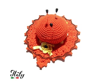 Orange crochet hat pincushion with Yellow flowers in cotton 4.3 inc (11 cm) for Sewing Lovers - Made in Italy