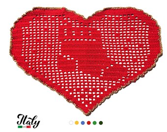 Christmas Red and Gold crochet heart doily with sock in cotton 11.6x7.6 inc (29.5x19.5 cm) for Home Decor - CHOICE OF COLORS - Made in Italy