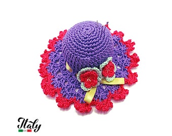 Purple and Hot Pink crochet hat pincushion in cotton 4.3 inc (11 cm) for Sewing Lovers - Made in Italy