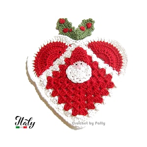 READY TO SHIP Christmas Red crochet heart potholder with Santa Claus in cotton 6.7x7.6 inc (17x19.5 cm) - 8NT -  Made in Italy