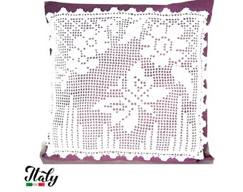 White and Purple crochet filet pillows in cotton 16x16 inc (40x40 cm) for Home Decor - 2 PIECES ONLY COVER - Made in Italy