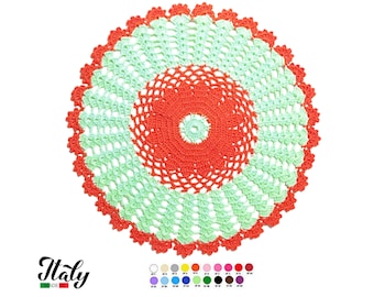 Round Orange and Light Green crochet doily in cotton 11.4 inc (29 cm) for Home Decor - CHOICE OF COLORS - Made in Italy