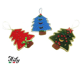 Christmas colorful crochet hanging tree decorations in cotton 3.5x5 inc (9x13 cm) - Made in Italy