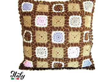 Brown and colored crochet square pillow in cotton 16x16 inc (40x40 cm) for Home Decor - ONLY COVER - Made in Italy