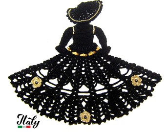 Black and Gold crochet crinoline lady doily 11.8x9.4 inc (24x30 cm) for Home Decor - Made in Italy