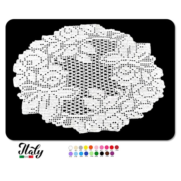 Oval White crochet filet doily with roses in cotton 16.9x12.5 inc (43x32 cm) for Home Decor - CHOICE OF COLORS - Made in Italy