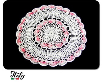 Large round White and Pink crochet doily in cotton 16.5 inc (42 cm) for Home Decor - Made in Italy