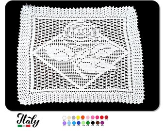 Rectangular White crochet filet doily with rose in cotton 15x12.5 inc (38x32 cm) for Home Decor - CHOICE OF COLORS - Made in Italy