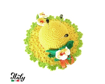 Yellow crochet hat pincushion with flowers in cotton 4.5 inc (11 cm) for Sewing Lovers - Made in Italy