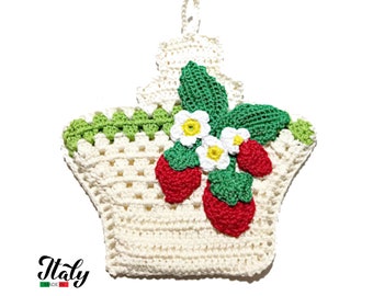 Off-White crochet basket potholder with strawberries and daisies in cotton 7x7.8 inc (18x20 cm) for Kitchen Decor - Made in Italy