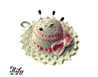 Gray and Pink crochet hat pincushion in cotton 4.3 inc (11 cm) for Sewing Lovers - Made in Italy