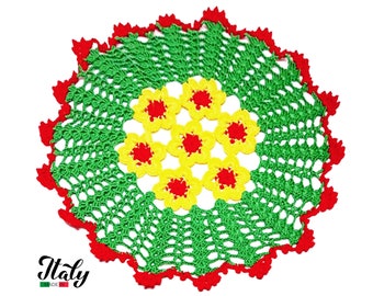 Christmas Red Yellow and Green crochet doily 11.8 inc (30 cm) for Home Decor - Made in Italy