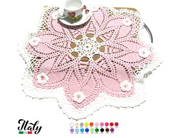 Large Pink and White crochet doily with flowers in cotton 18 inc (46 cm) for Home Decor - CHOICE OF COLORS - Made in Italy