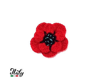 Red crochet flowers in cotton 1.9 inc (5 cm) for Applications - 5 PIECES - Made in Italy